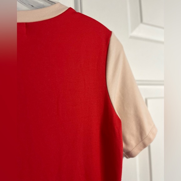 SOLD SONNET JAMES Red & Beige Abstract Swirl Short Sleeve Midi Play Dress Size S - Picture 11 of 16